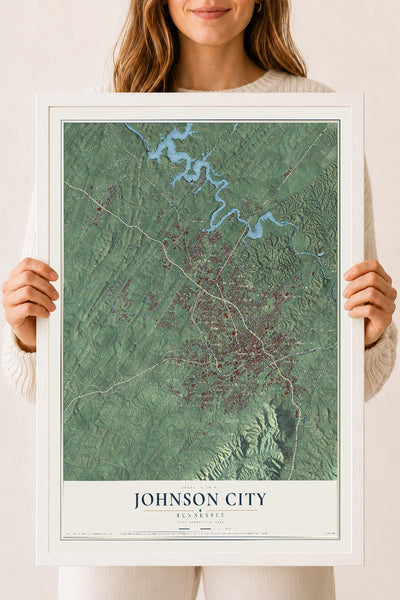 Map of Johnson City, Tennessee, 18 x 24 inch print in a white wood frame