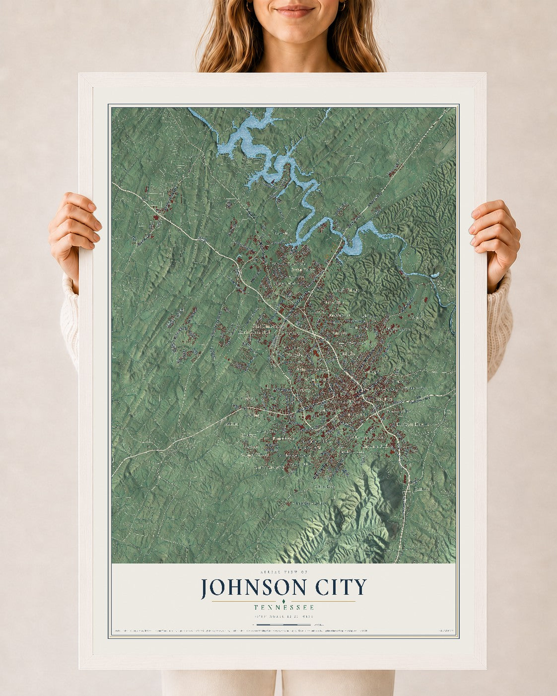 Map of Johnson City, Tennessee, 24 x 36 inch print in a white wood frame