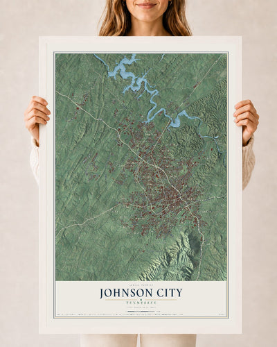 Map of Johnson City, Tennessee, 24 x 36 inch print in a white wood frame