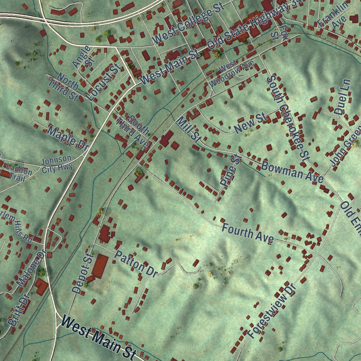 Close-up of the map of Jonesborough, Tennessee print showing street and building detail