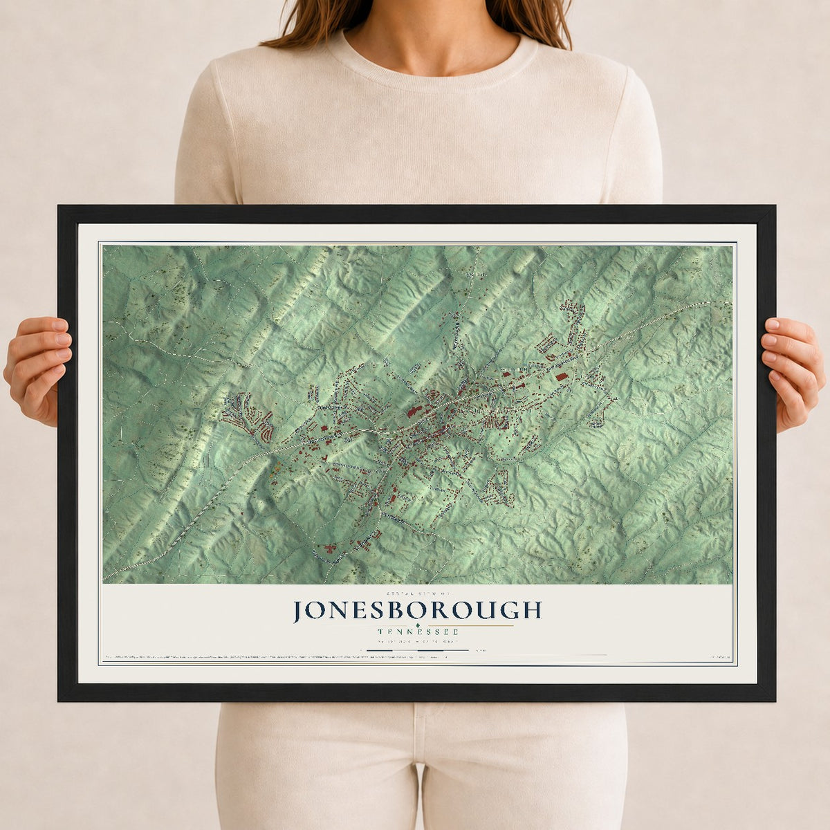 Map of Jonesborough, Tennessee, 12 x 18 inch print in a black wood frame