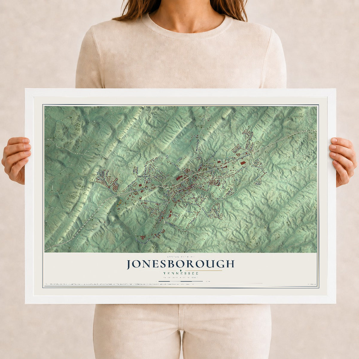 Map of Jonesborough, Tennessee, 12 x 18 inch print in a white wood frame