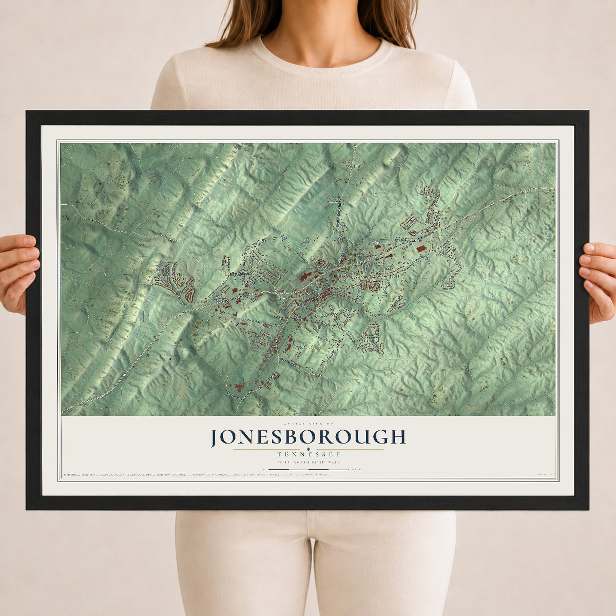 Map of Jonesborough, Tennessee, 18 x 24 inch print in a black wood frame