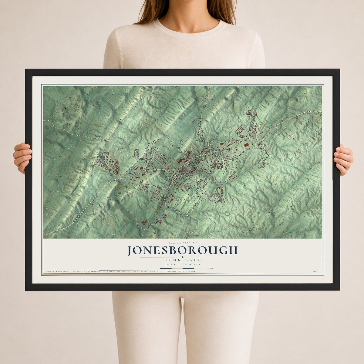Map of Jonesborough, Tennessee, 24 x 36 inch print in a black wood frame