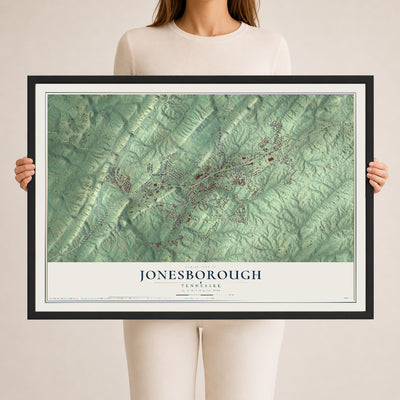 Map of Jonesborough, Tennessee, 24 x 36 inch print in a black wood frame