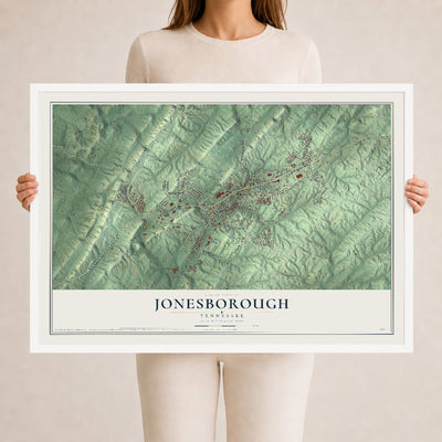 Map of Jonesborough, Tennessee, 24 x 36 inch print in a white wood frame