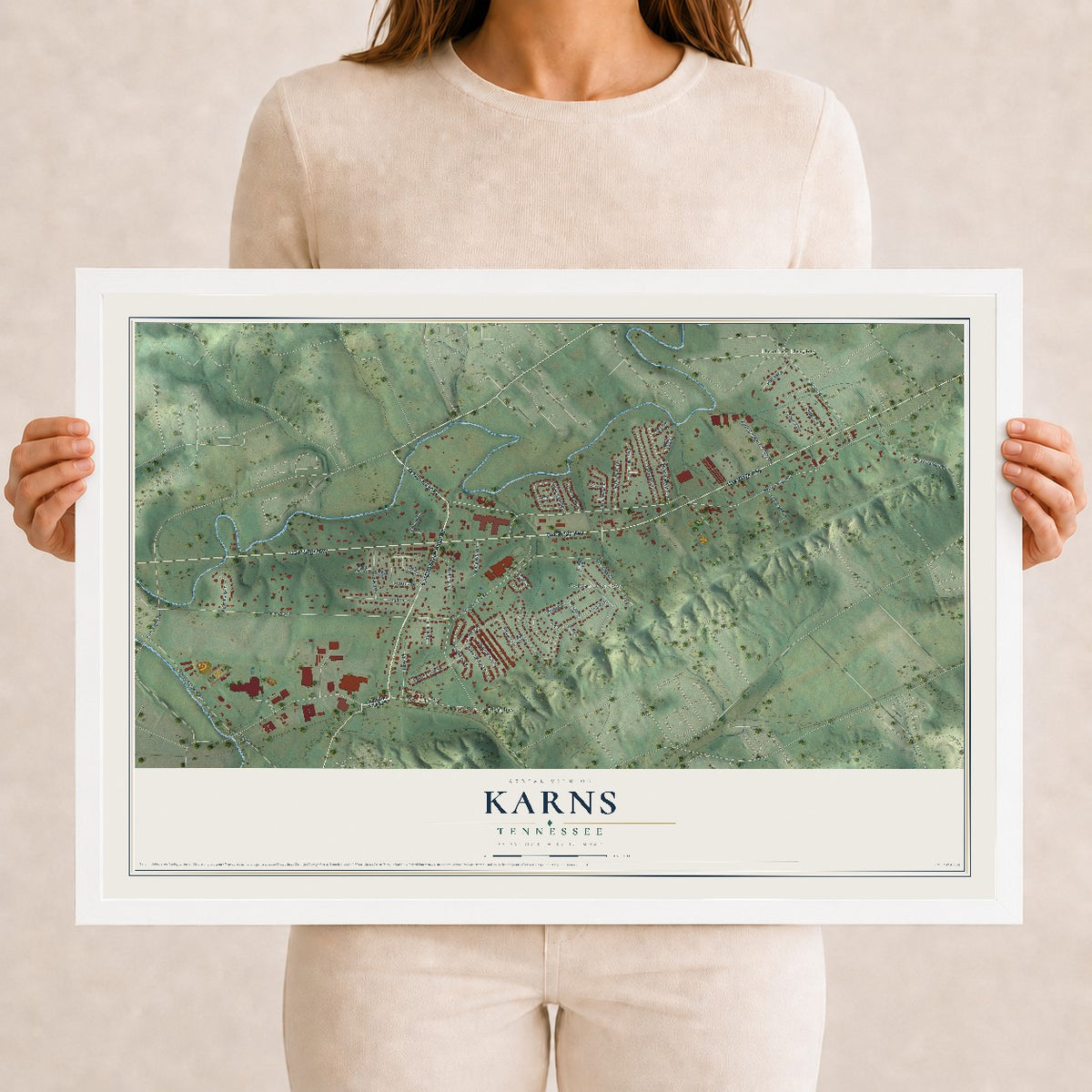 Map of Karns, Tennessee, 12 x 18 inch print in a white wood frame