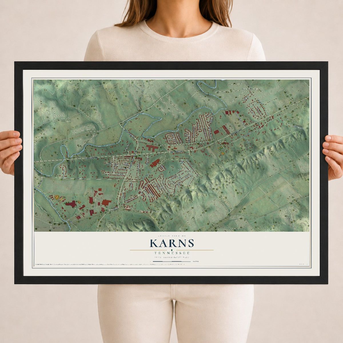 Map of Karns, Tennessee, 18 x 24 inch print in a black wood frame