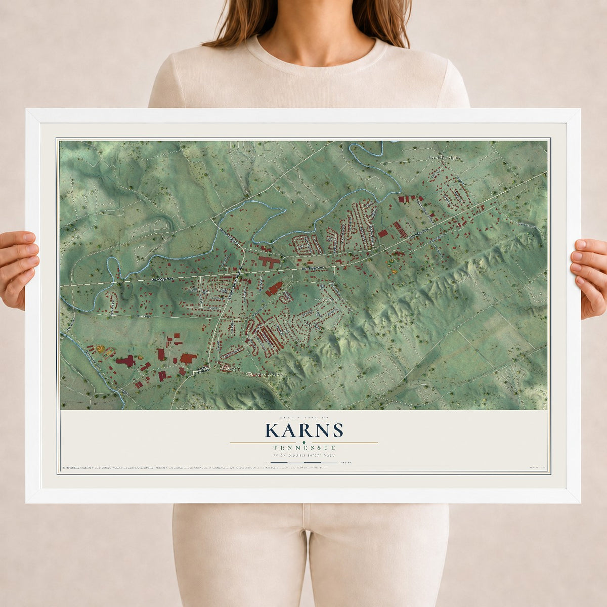 Map of Karns, Tennessee, 18 x 24 inch print in a white wood frame