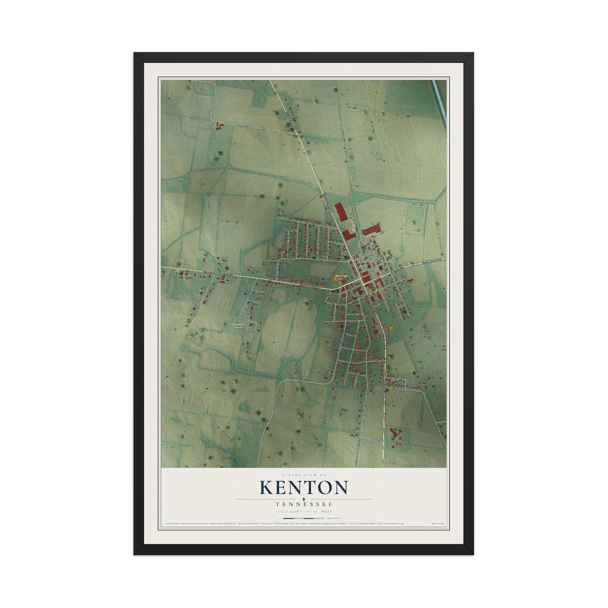 Map of Kenton, Tennessee, 12 x 18 inch print in a black wood frame