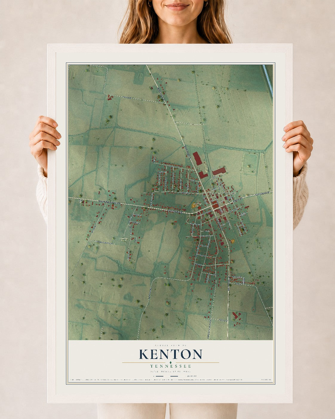Map of Kenton, Tennessee, 24 x 36 inch print in a white wood frame