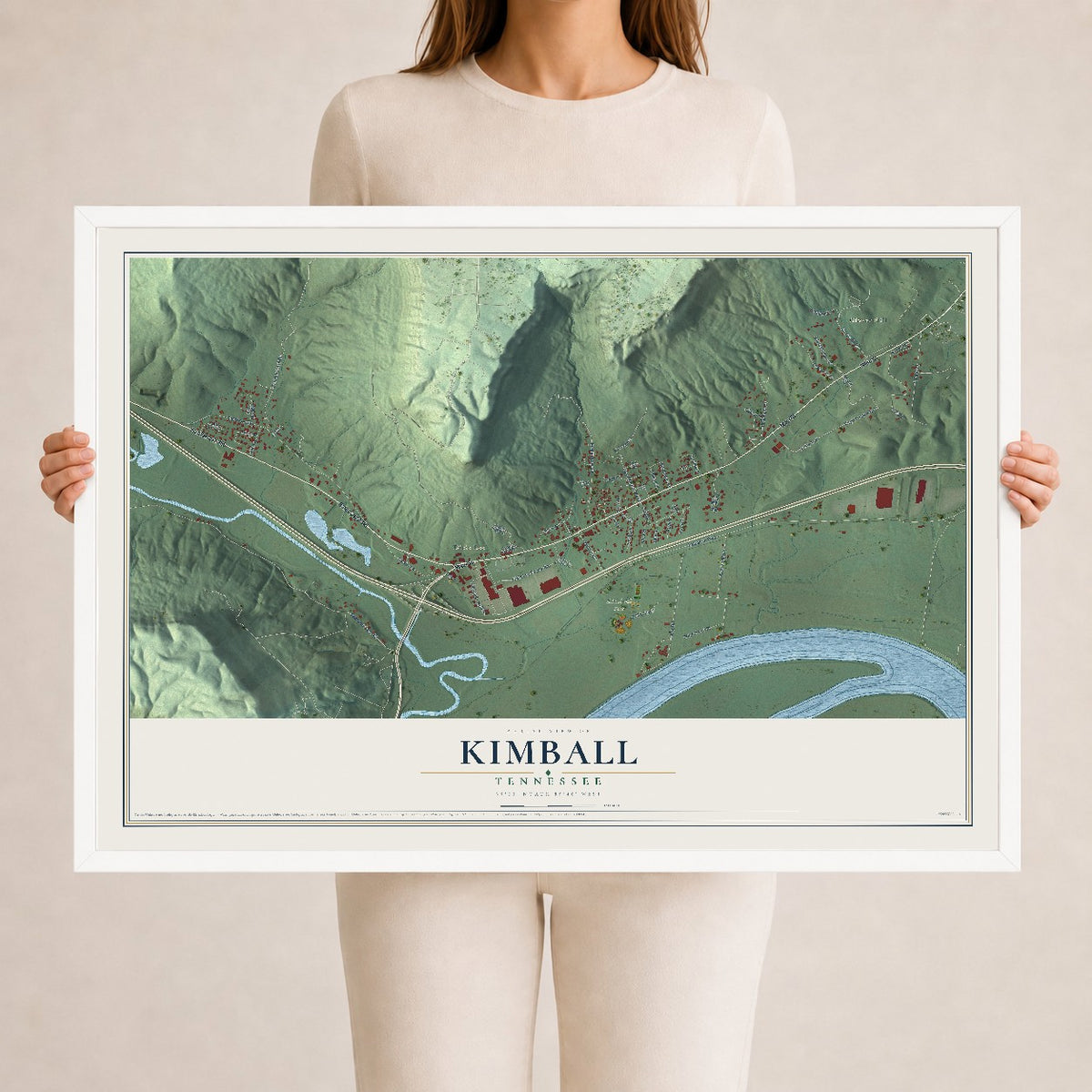 Map of Kimball, Tennessee, 24 x 36 inch print in a white wood frame