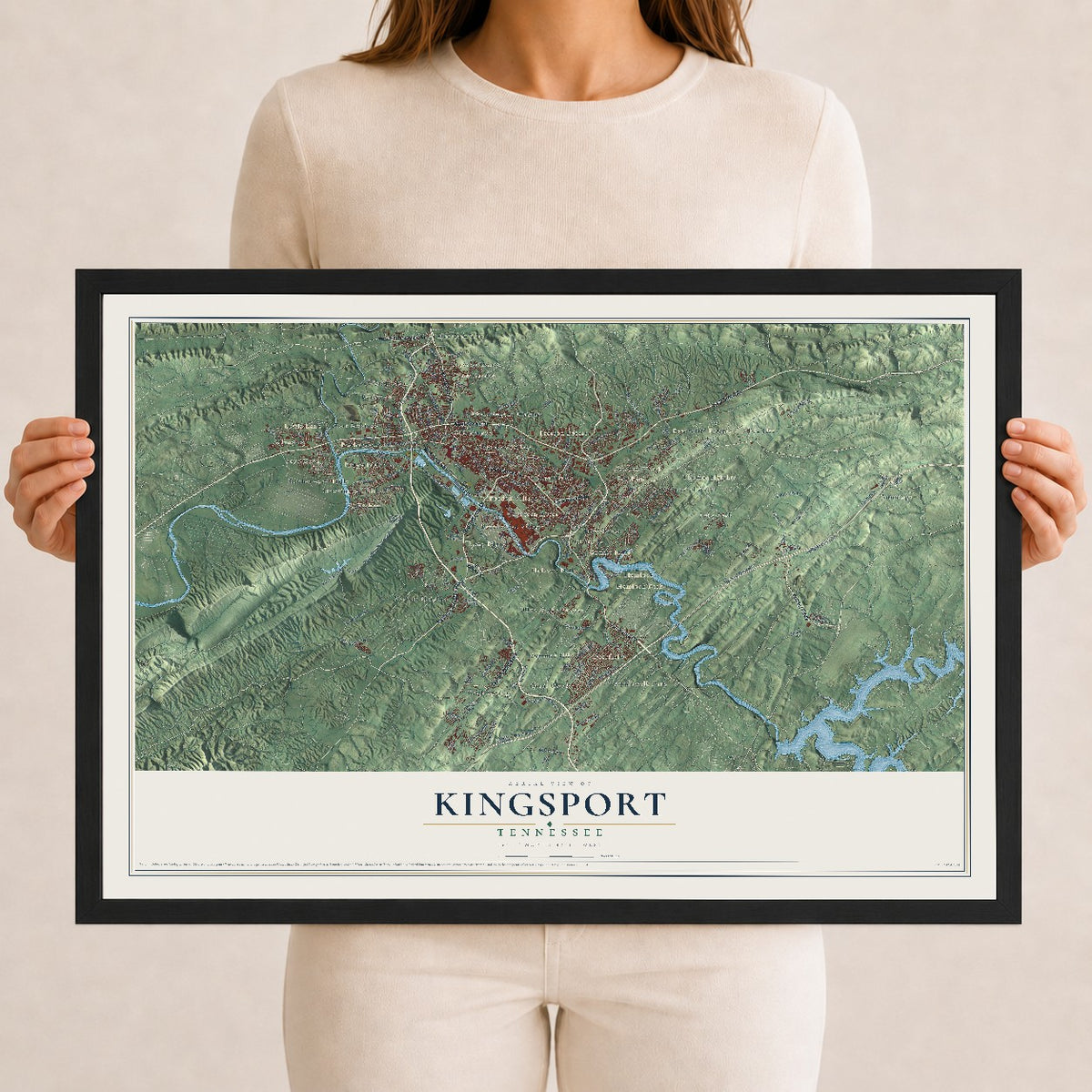 Map of Kingsport, Tennessee, 12 x 18 inch print in a black wood frame