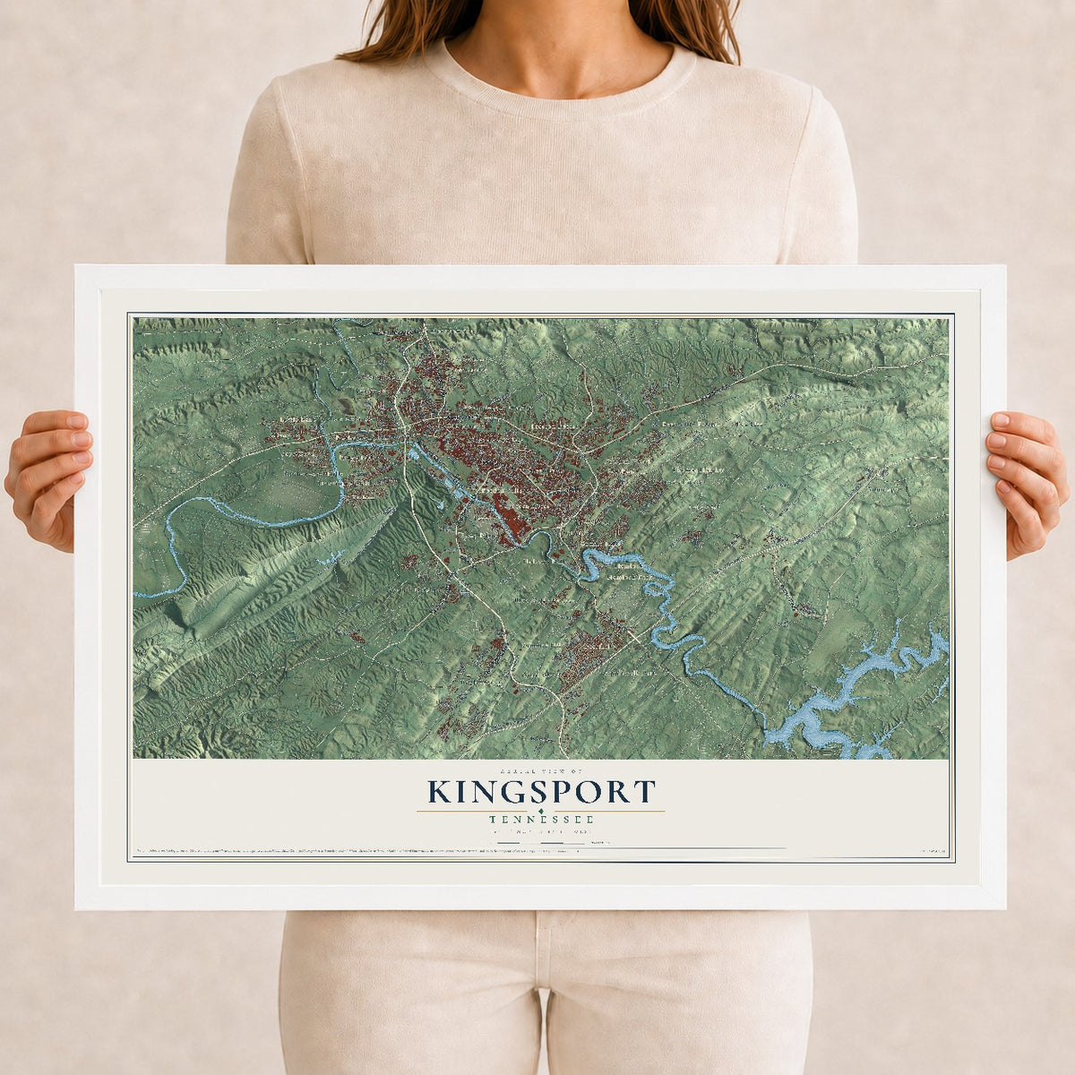 Map of Kingsport, Tennessee, 12 x 18 inch print in a white wood frame