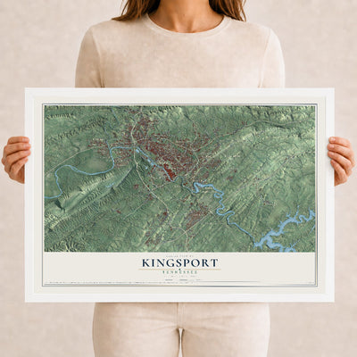 Map of Kingsport, Tennessee, 12 x 18 inch print in a white wood frame