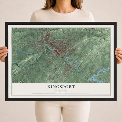 Map of Kingsport, Tennessee, 18 x 24 inch print in a black wood frame