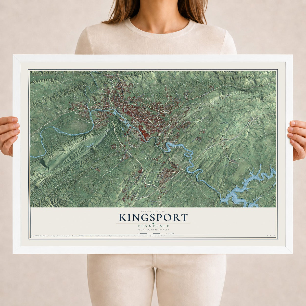 Map of Kingsport, Tennessee, 18 x 24 inch print in a white wood frame