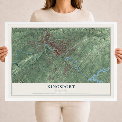 Map of Kingsport, Tennessee, 18 x 24 inch print in a white wood frame