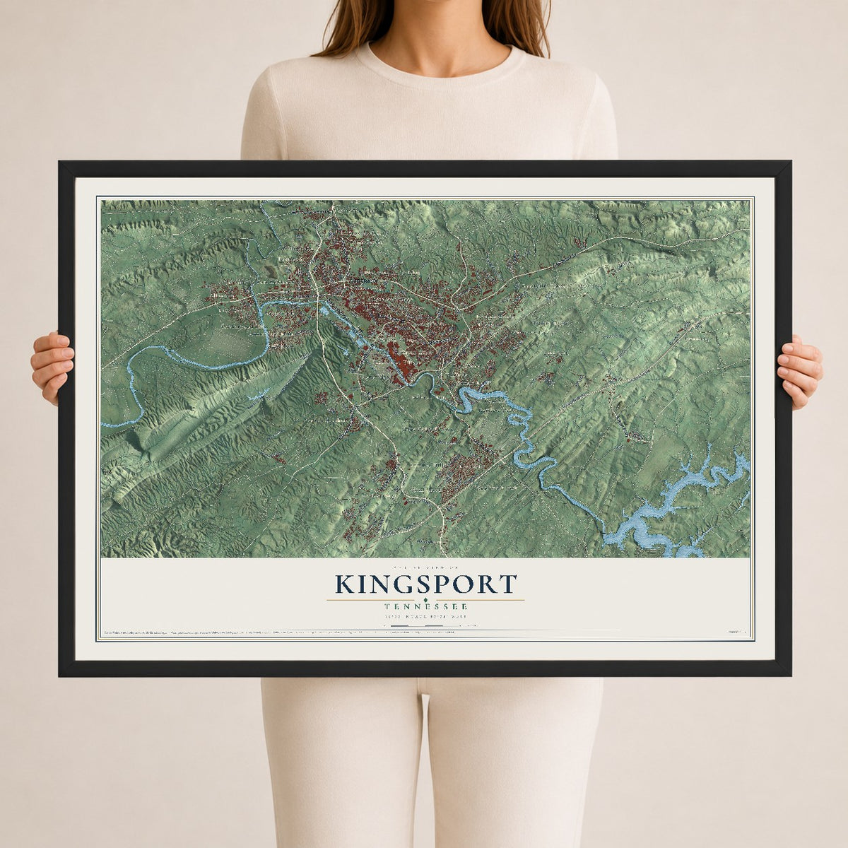 Map of Kingsport, Tennessee, 24 x 36 inch print in a black wood frame