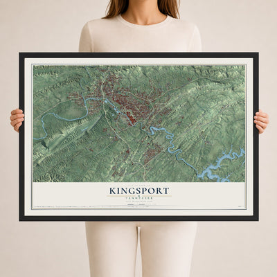 Map of Kingsport, Tennessee, 24 x 36 inch print in a black wood frame