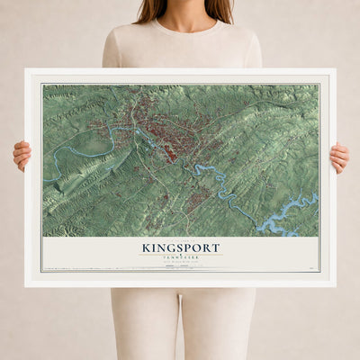 Map of Kingsport, Tennessee, 24 x 36 inch print in a white wood frame