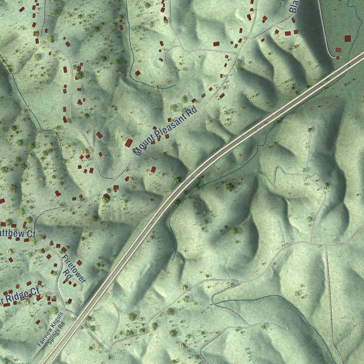 Close-up of the map of Kingston Springs, Tennessee print showing street and building detail