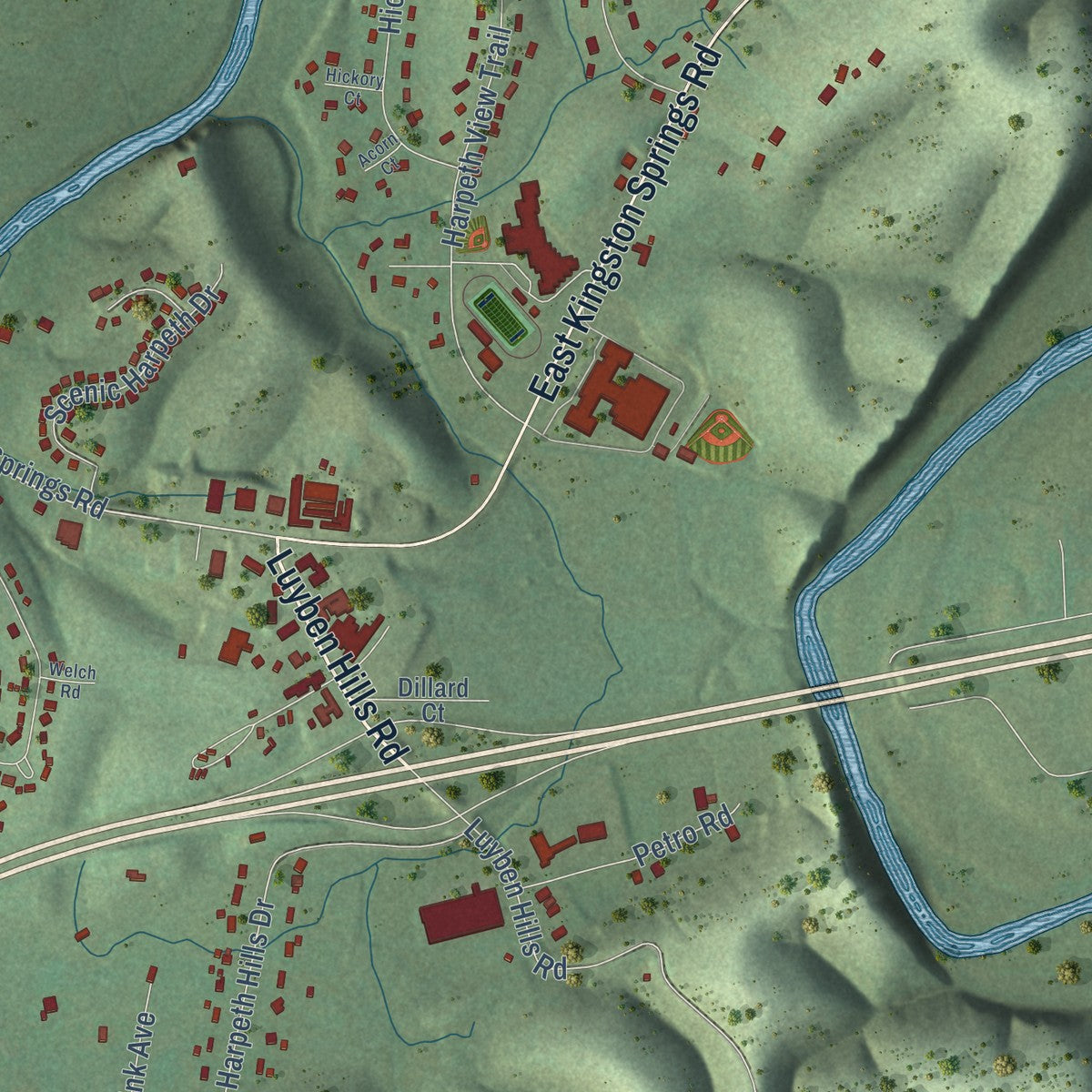 Second close-up of the map of Kingston Springs, Tennessee print showing more streets and buildings
