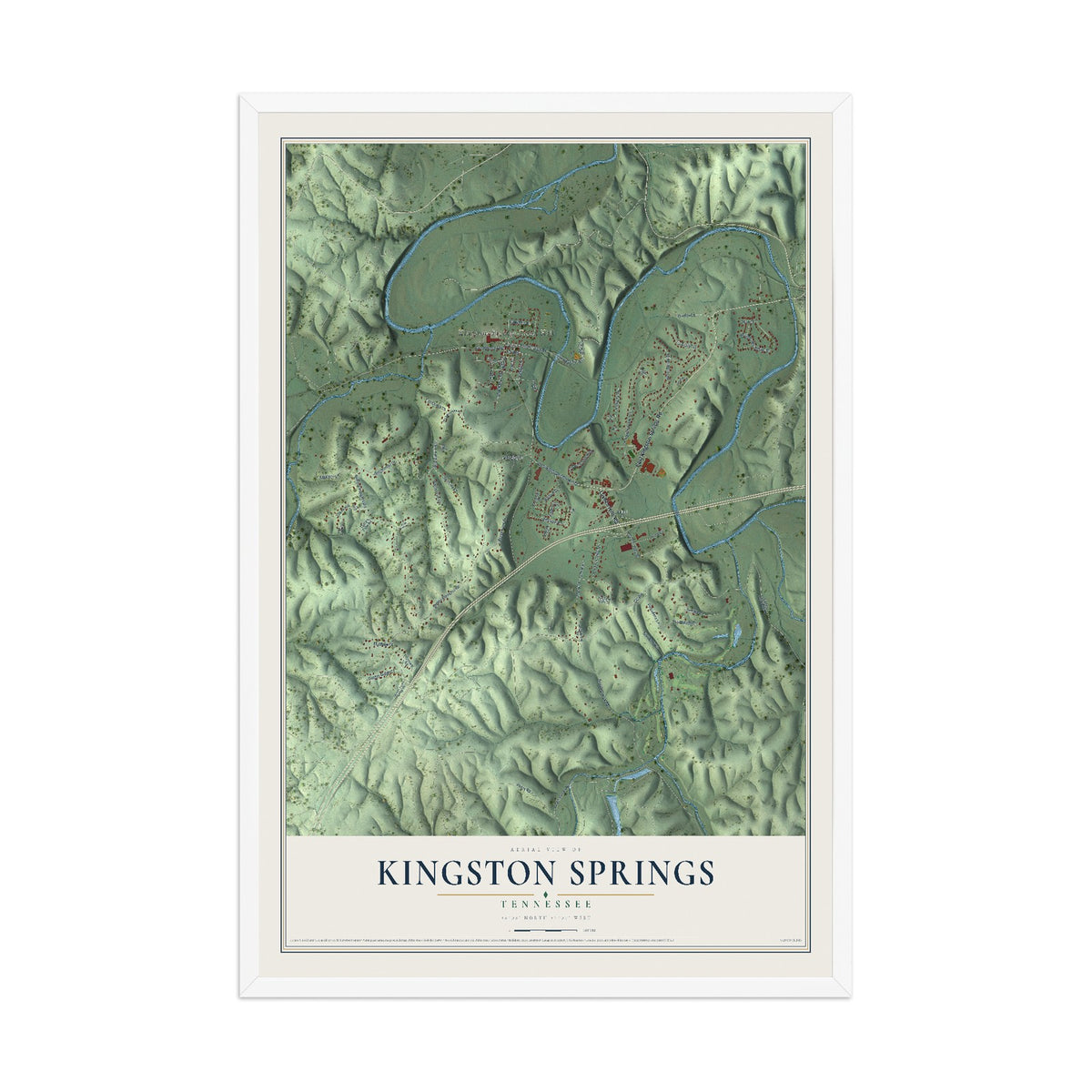 Map of Kingston Springs, Tennessee, 12 x 18 inch print in a white wood frame