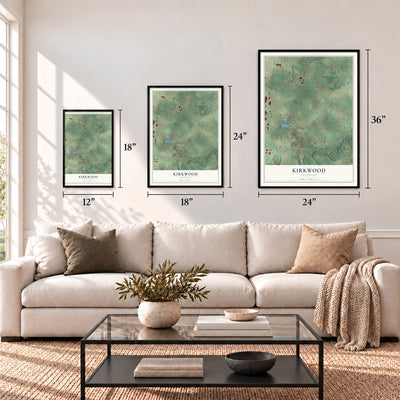 Kirkwood, Tennessee map in 12 x 18, 18 x 24 and 24 x 36 inch sizes above a sofa