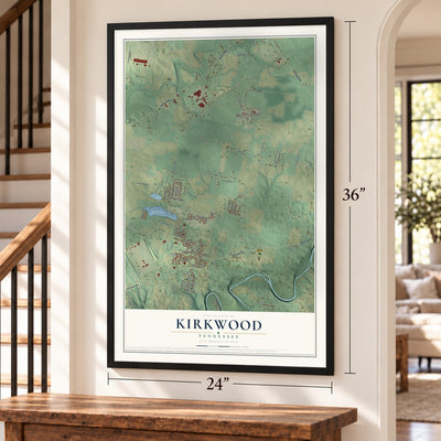 Kirkwood, Tennessee map, 24 x 36 inch print in a black frame by a staircase
