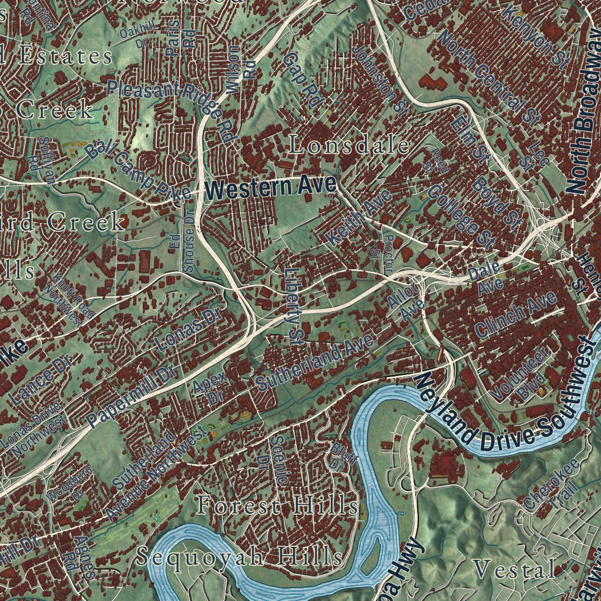 Close-up of the map of Knoxville, Tennessee print showing street and building detail