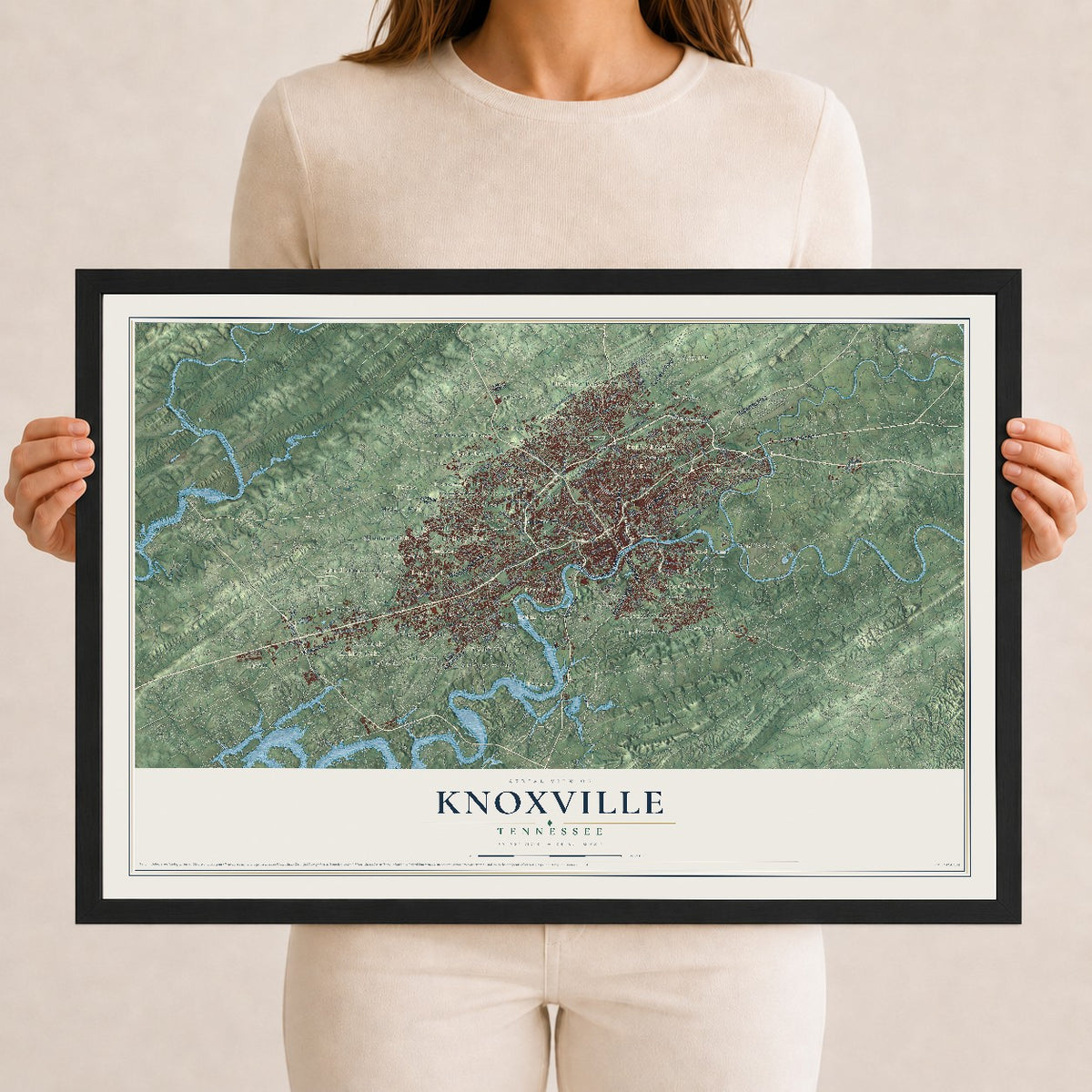 Map of Knoxville, Tennessee, 12 x 18 inch print in a black wood frame