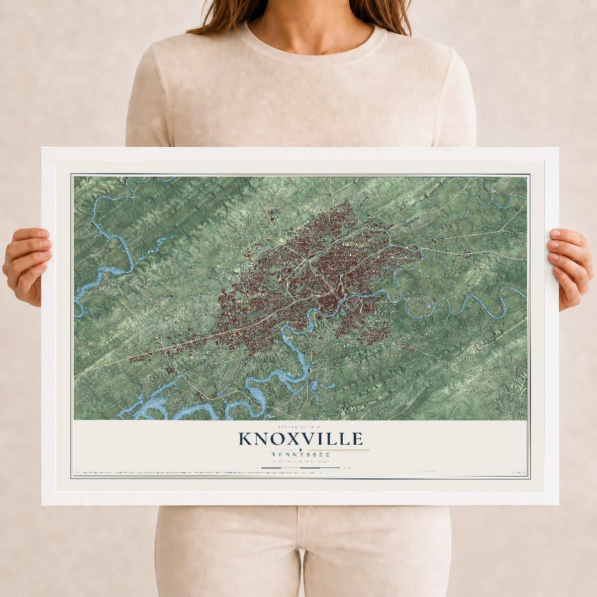Map of Knoxville, Tennessee, 12 x 18 inch print in a white wood frame