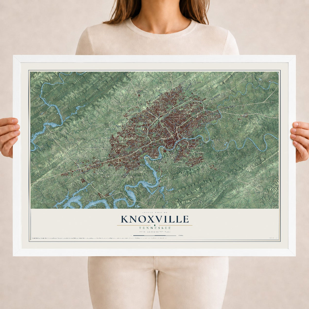 Map of Knoxville, Tennessee, 18 x 24 inch print in a white wood frame