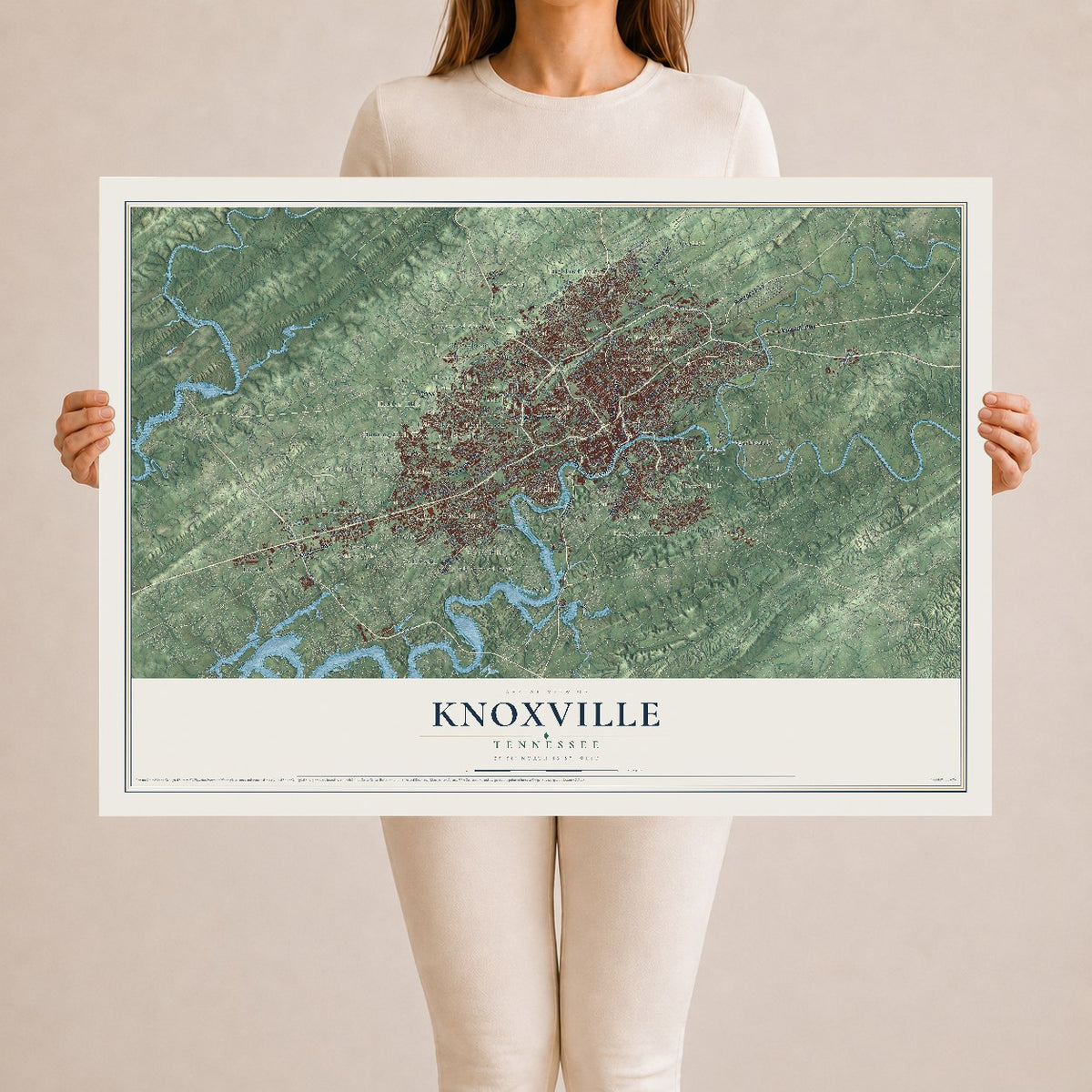 Map of Knoxville, Tennessee, 24 x 36 inch unframed archival matte print