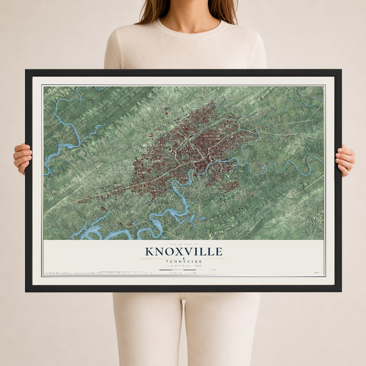 Map of Knoxville, Tennessee, 24 x 36 inch print in a black wood frame