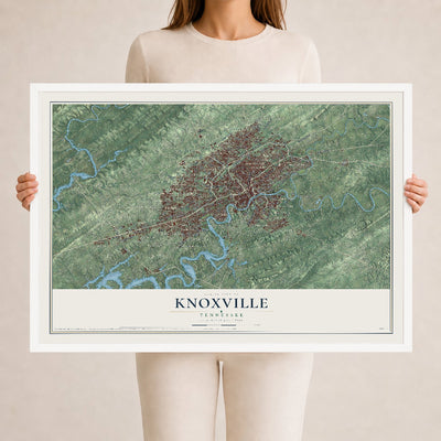 Map of Knoxville, Tennessee, 24 x 36 inch print in a white wood frame
