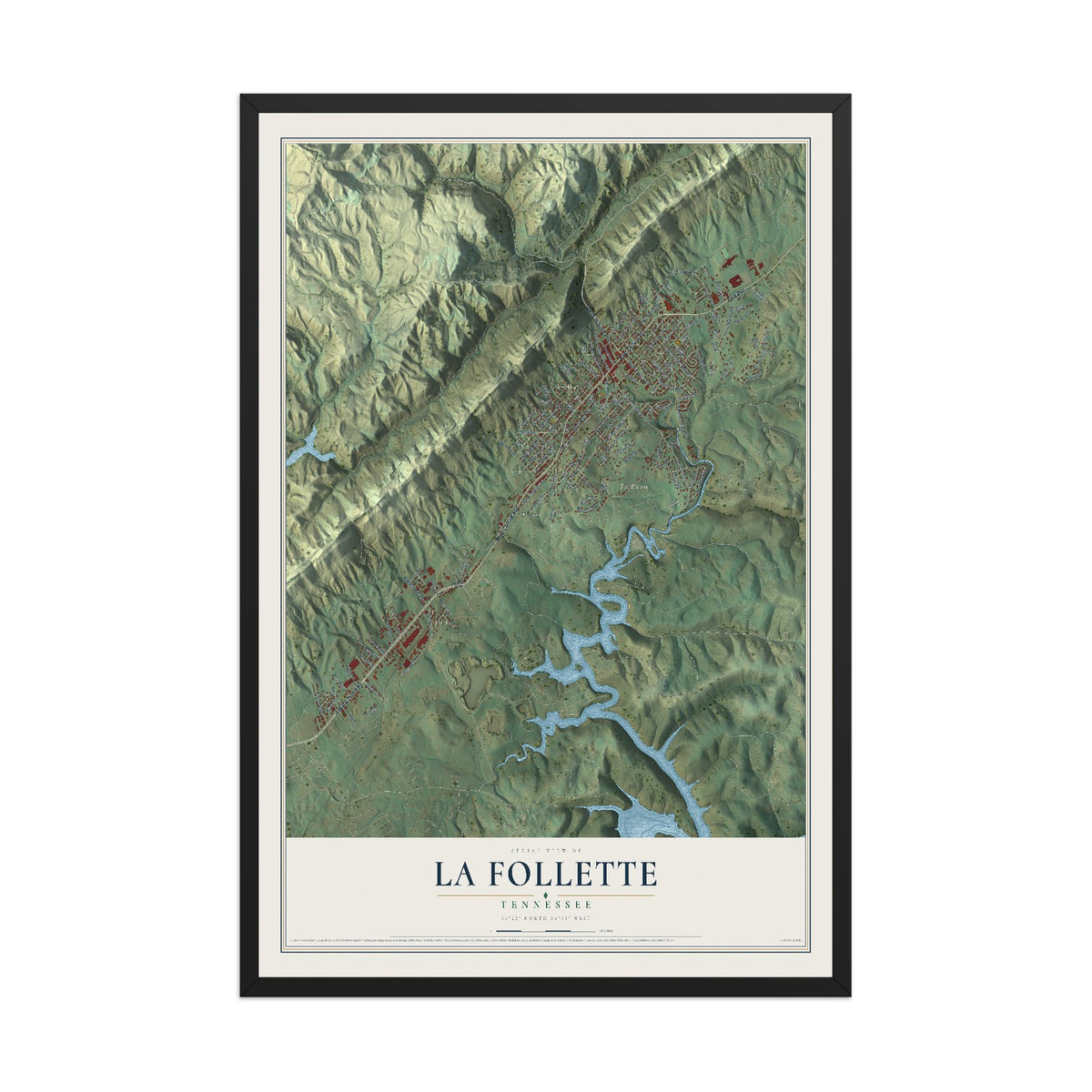 Map of La Follette, Tennessee, 12 x 18 inch print in a black wood frame