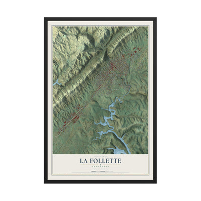 Map of La Follette, Tennessee, 12 x 18 inch print in a black wood frame