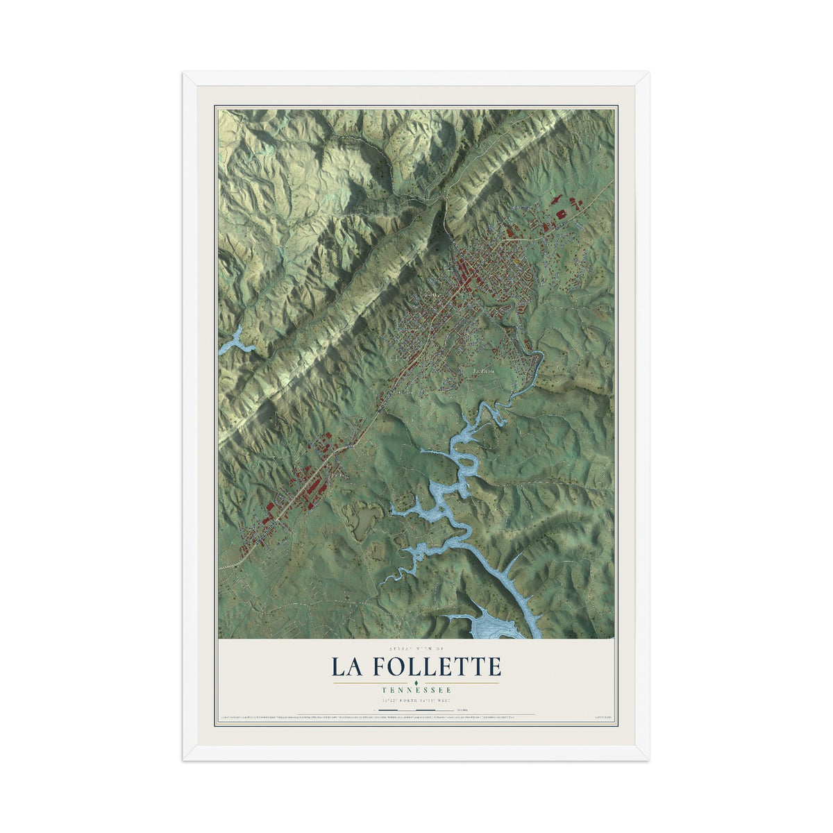 Map of La Follette, Tennessee, 12 x 18 inch print in a white wood frame