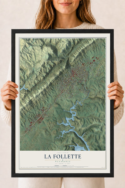 Map of La Follette, Tennessee, 18 x 24 inch print in a black wood frame