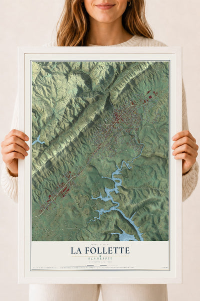 Map of La Follette, Tennessee, 18 x 24 inch print in a white wood frame