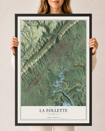 Map of La Follette, Tennessee, 24 x 36 inch print in a black wood frame
