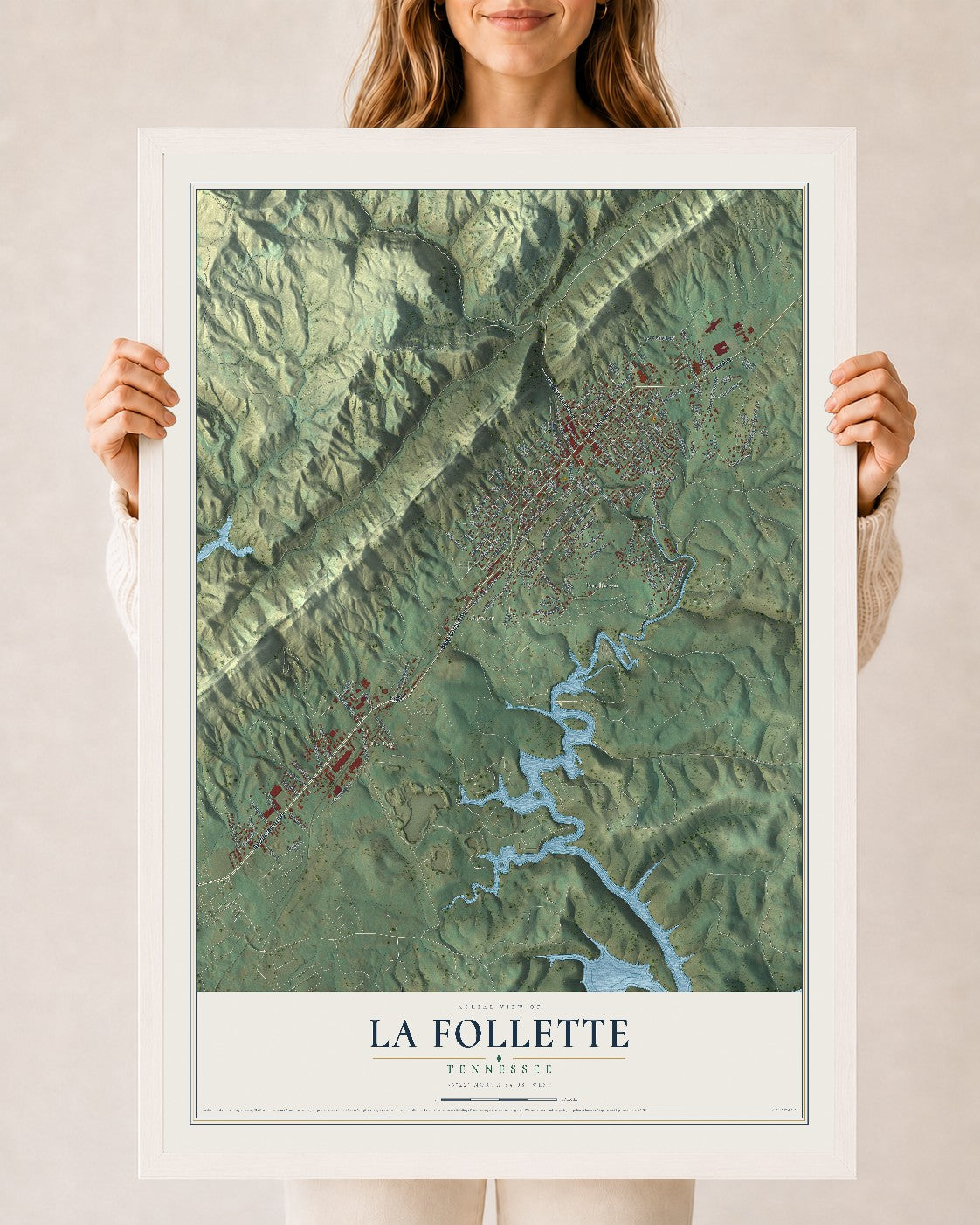 Map of La Follette, Tennessee, 24 x 36 inch print in a white wood frame