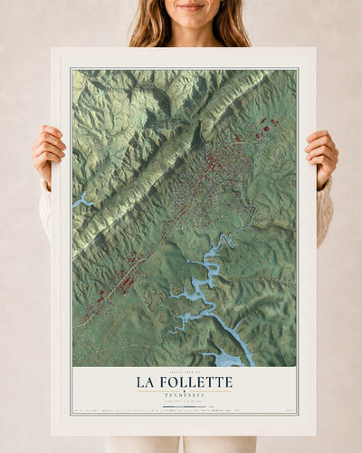 Map of La Follette, Tennessee, 24 x 36 inch print in a white wood frame