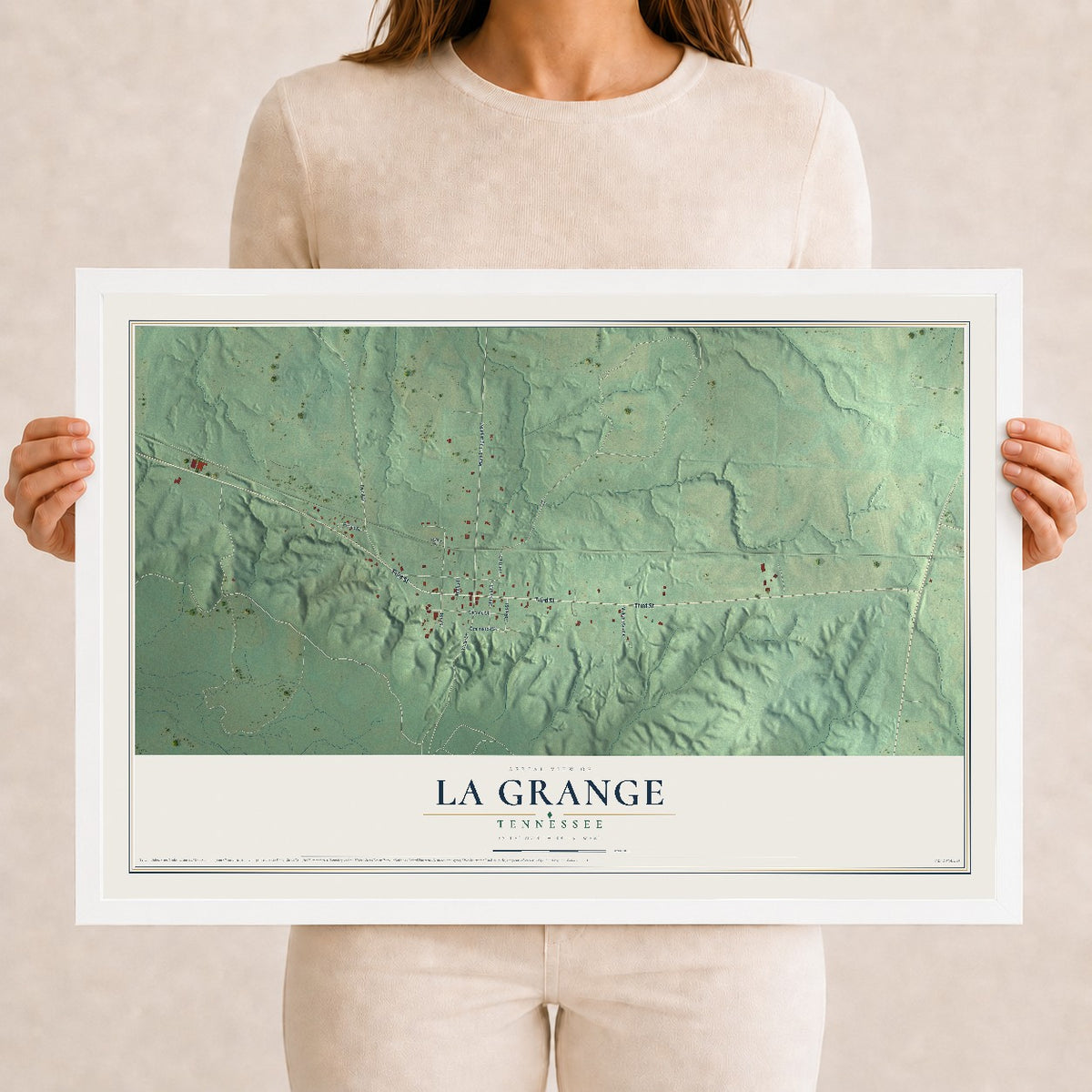 Map of La Grange, Tennessee, 12 x 18 inch print in a white wood frame
