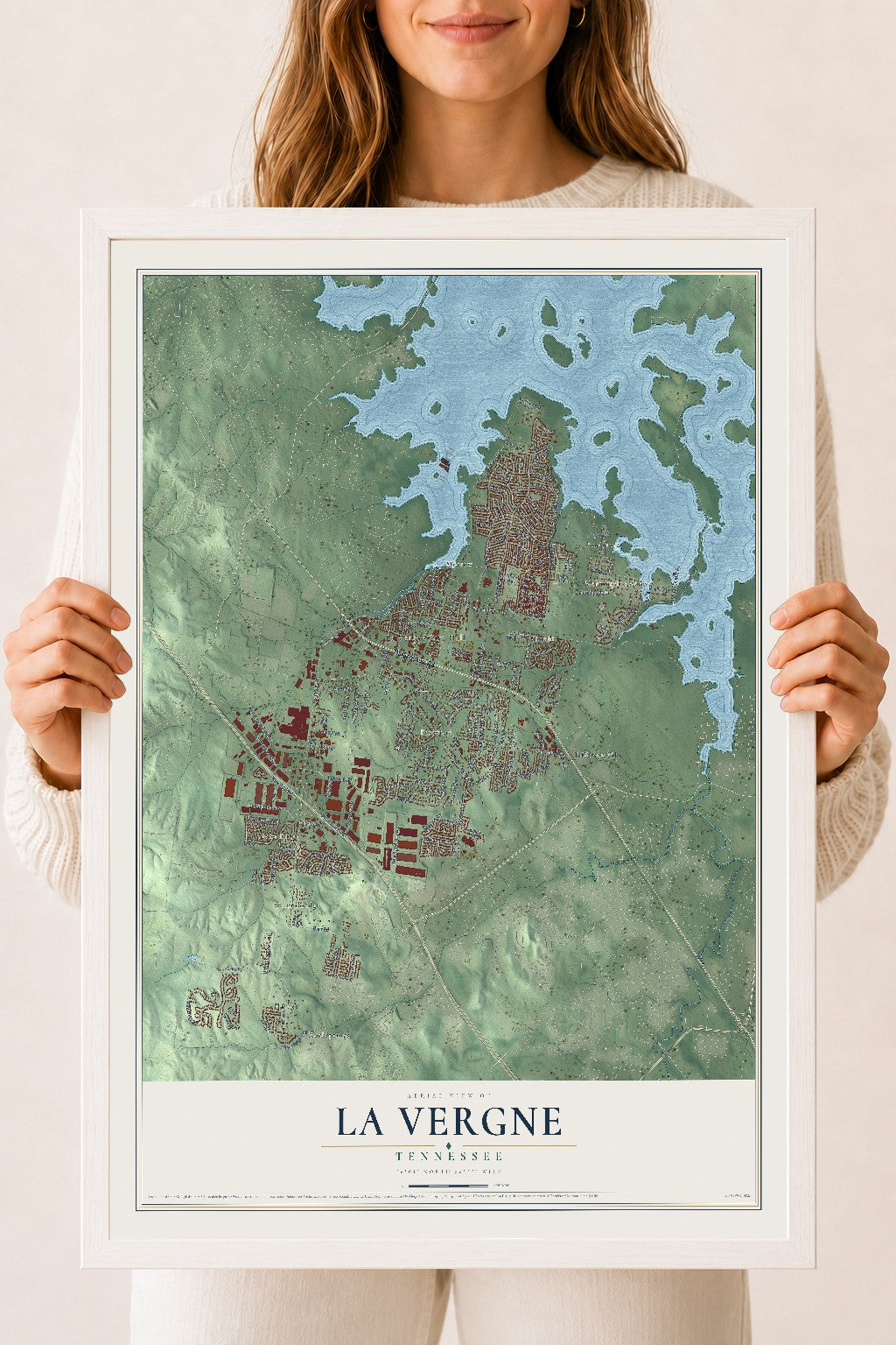 Map of La Vergne, Tennessee, 18 x 24 inch print in a white wood frame