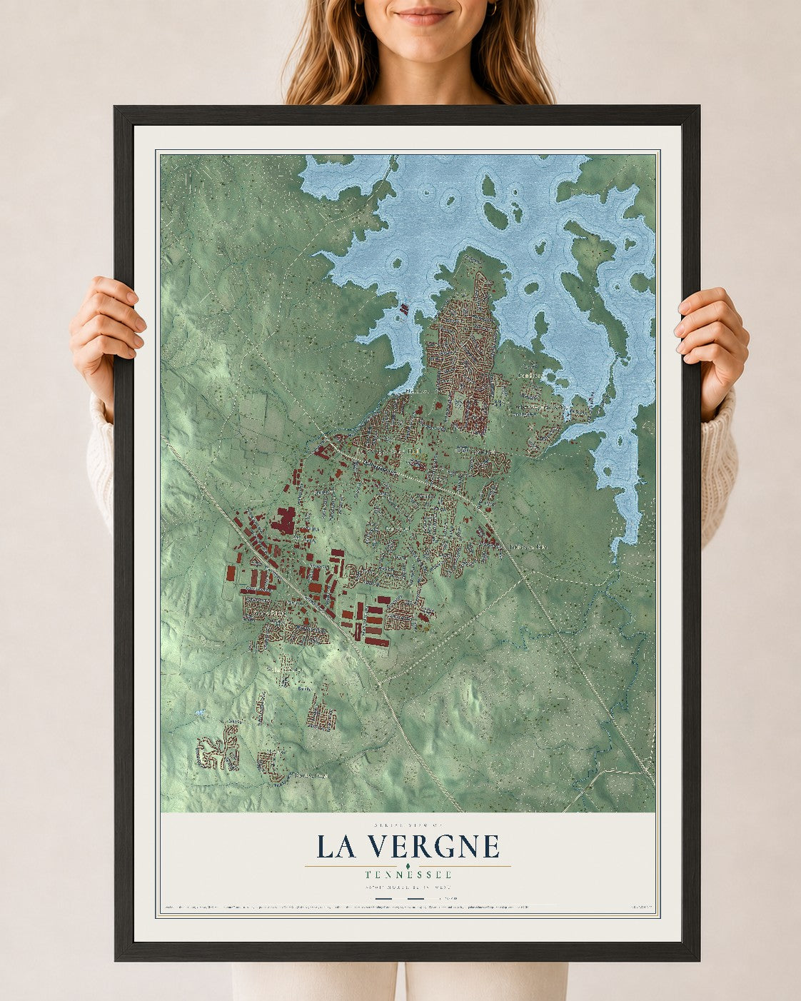 Map of La Vergne, Tennessee, 24 x 36 inch print in a black wood frame