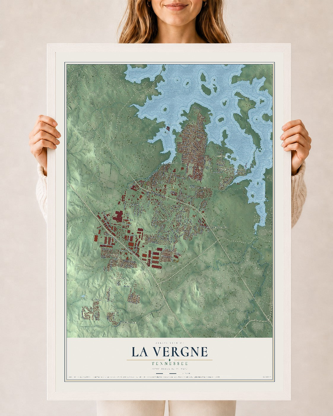 Map of La Vergne, Tennessee, 24 x 36 inch print in a white wood frame