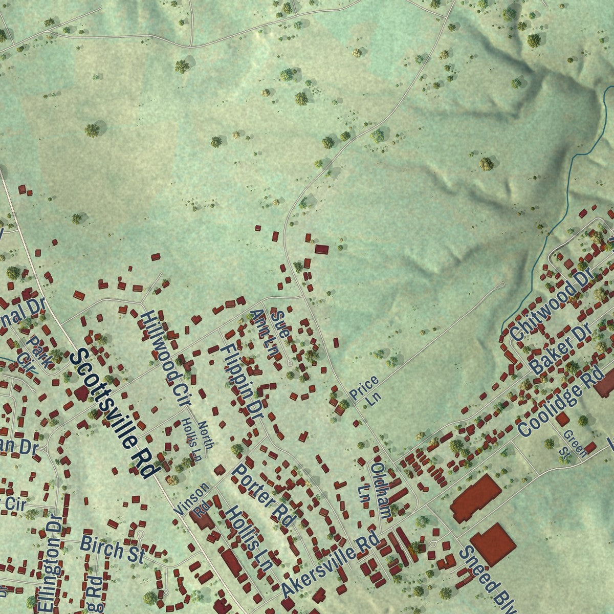 Second close-up of the map of Lafayette, Tennessee print showing more streets and buildings
